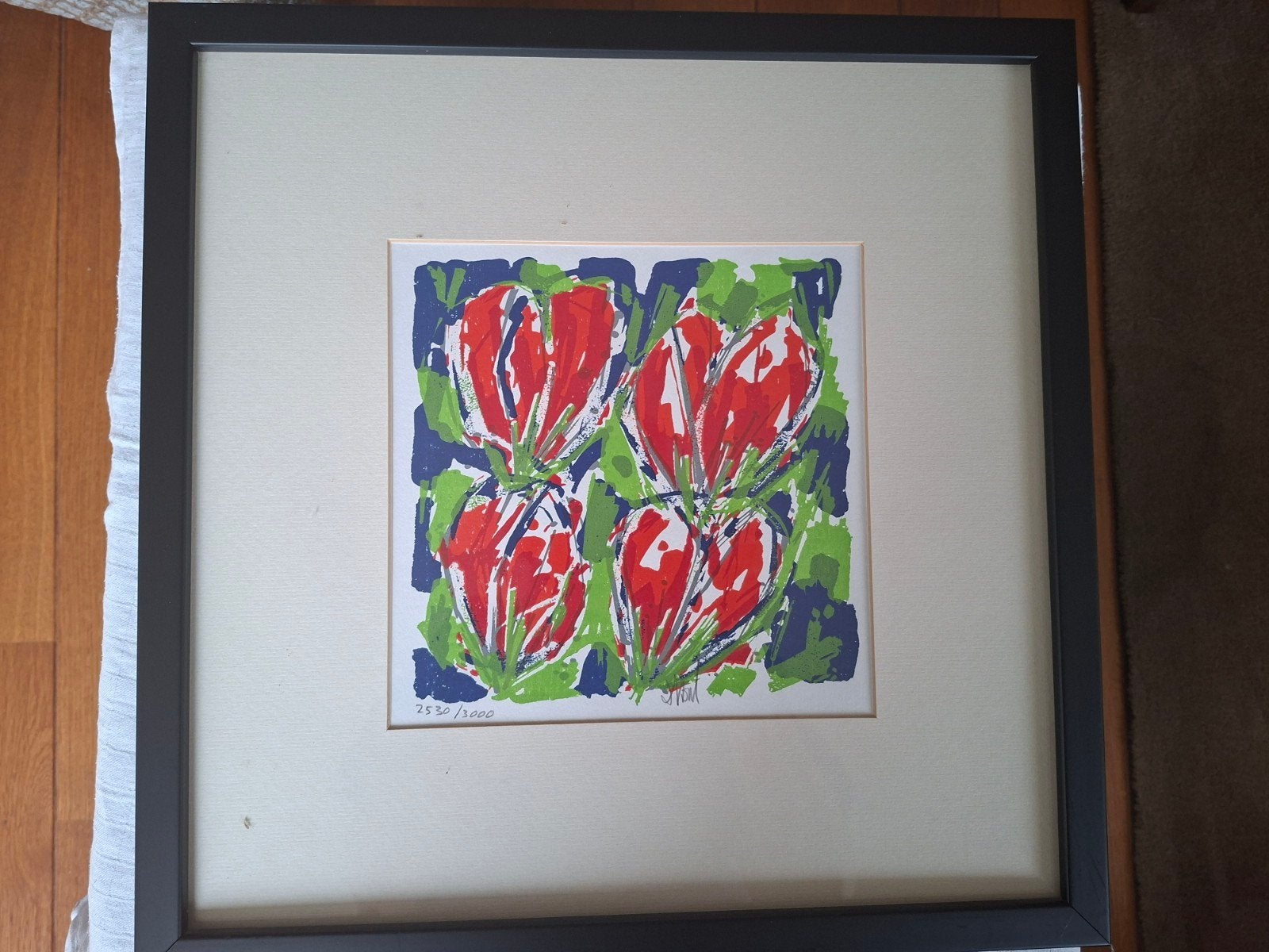Ad van Hassel zeefdruk rode tulpen 2530/3000, Antiek en Kunst, Ophalen