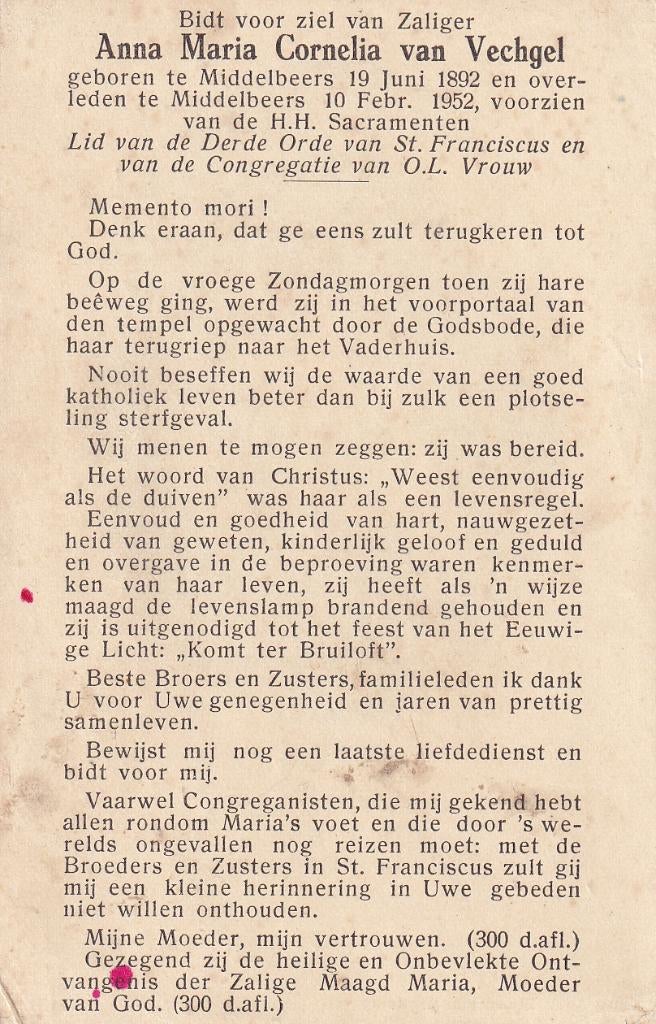 Vechgel Anna 1892 Middelbeers 1952, Ophalen of Verzenden, Bidprentje