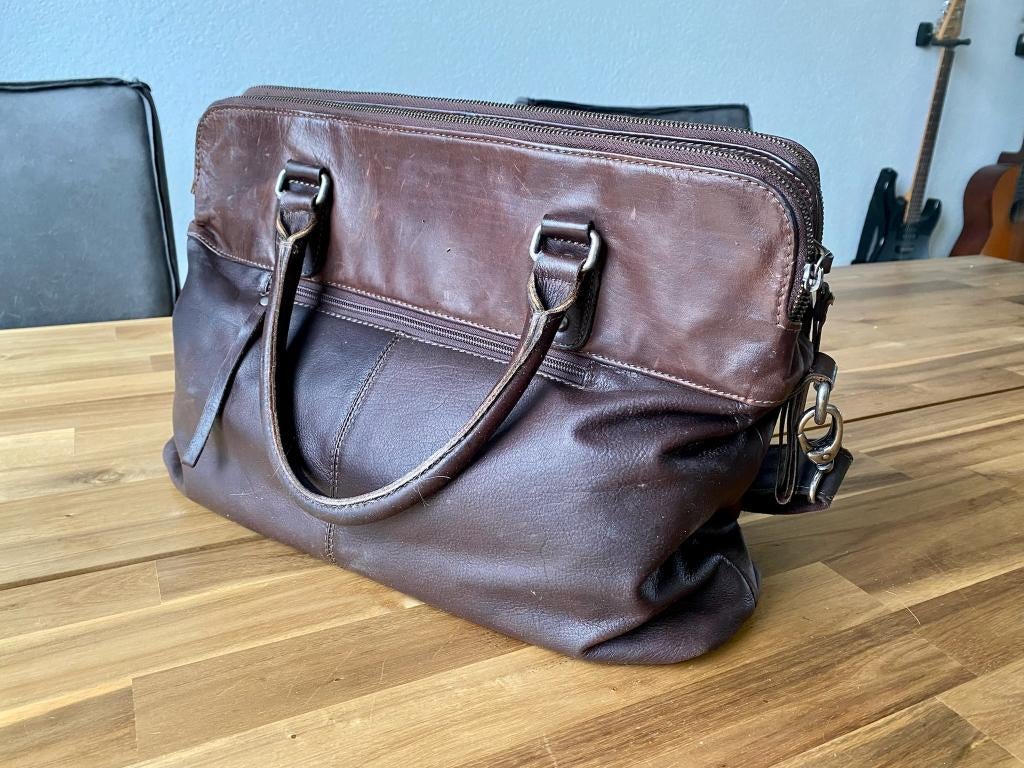 Modieuze lederen laptoptas/schoudertas met veel opbergruimte, Ophalen, 30 cm of meer, Gebruikt, Bruin