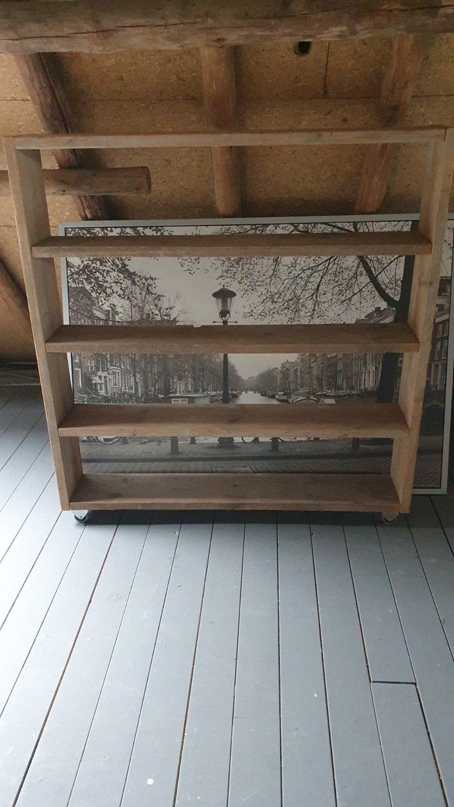 Houten roomdivider, open kast, Boekenkast op Wieltjes ., Ophalen, Met plank(en), 100 tot 150 cm, 100 tot 150 cm