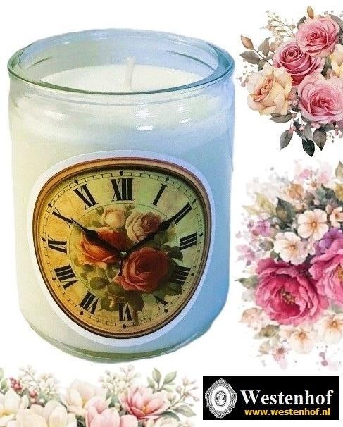 Kaars in glas vintage klok met rozen - Incl. cadeauzakje, Huis en Inrichting, Woonaccessoires | Kandelaars en Kaarsen, Overige materialen