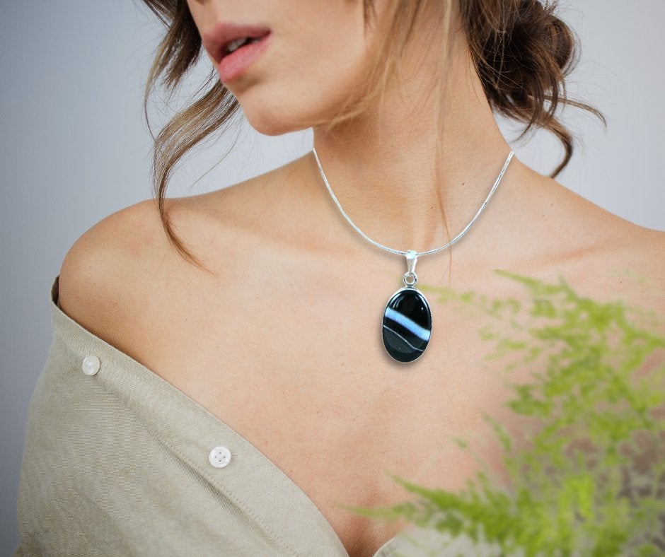Schitterende 925 zilver zwarte BOTSWANA AGAAT ketting!, Overige kleuren, Verzenden, Zo goed als nieuw, X