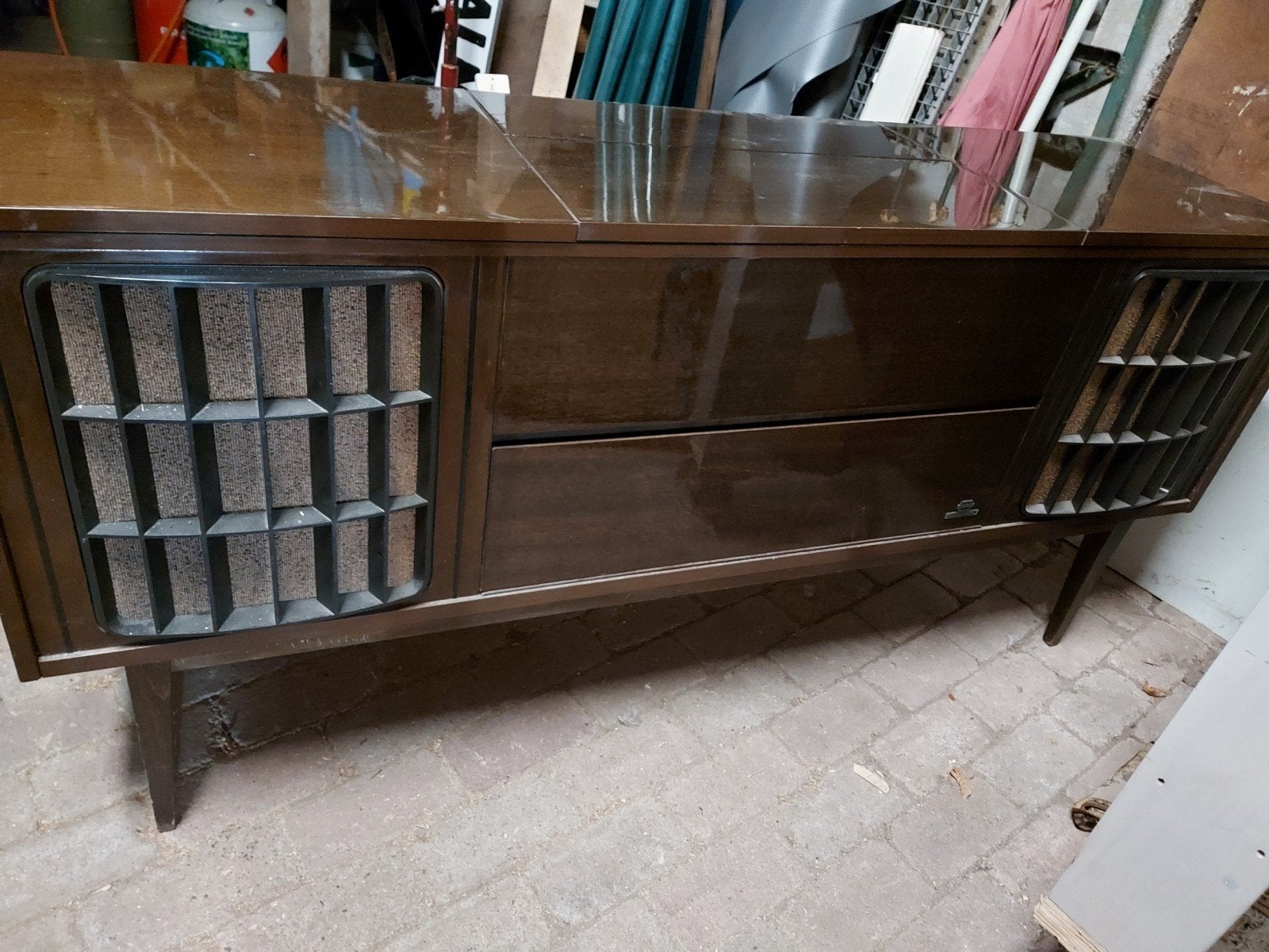 vintage radio/ platenspeler dressoir, donker hout, tv meubel, Ophalen, Gebruikt, 150 tot 200 cm, 25 tot 50 cm
