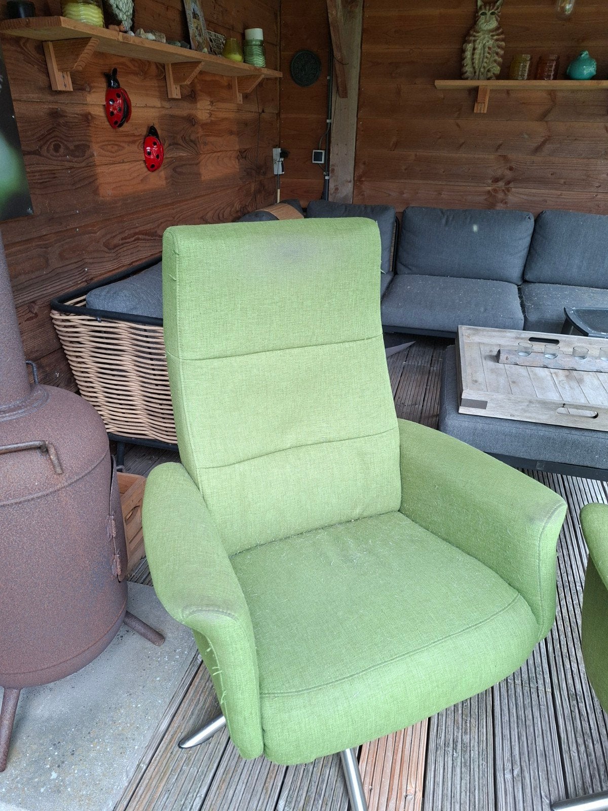 Comfortabele groene fauteuil met draaivoet 2 stuks, Huis en Inrichting, Fauteuils, Ophalen, Gebruikt, 75 tot 100 cm, Metaal