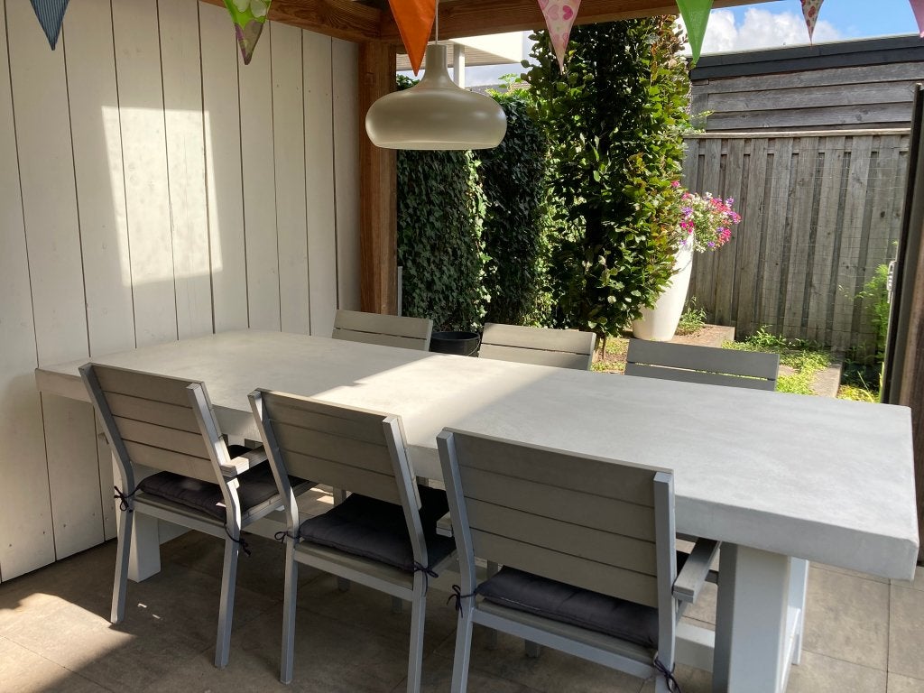 Tuintafel 1,0x2,6m met betonlook blad, inclusief 6 stoelen, Ophalen, Gebruikt, Rechthoekig, Overige materialen