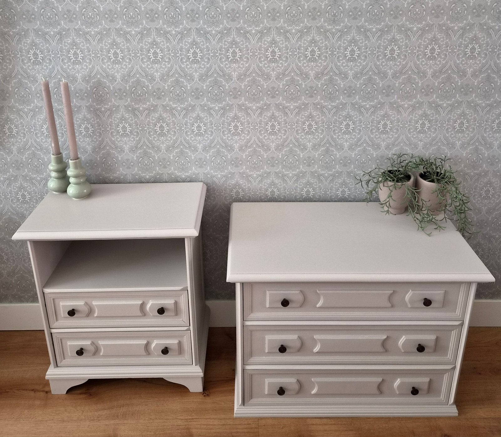 Beige vintage kastjes – nachtkastjes / tv-meubel / ladekast, Ophalen, 50 tot 100 cm, 3 of 4 laden, Minder dan 100 cm