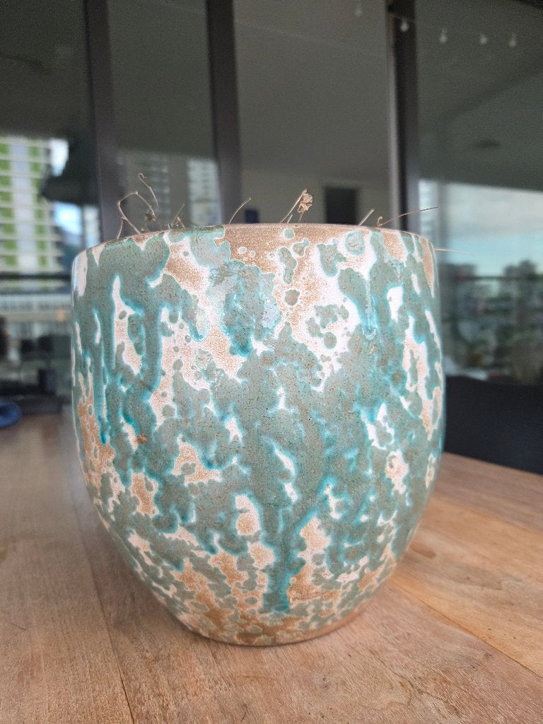 Handgemaakte bloempot / sierpot - turquoise – Ø19 cm, Tuin en Terras, Bloempotten, Gebruikt, Rond, Ophalen of Verzenden, Balkon