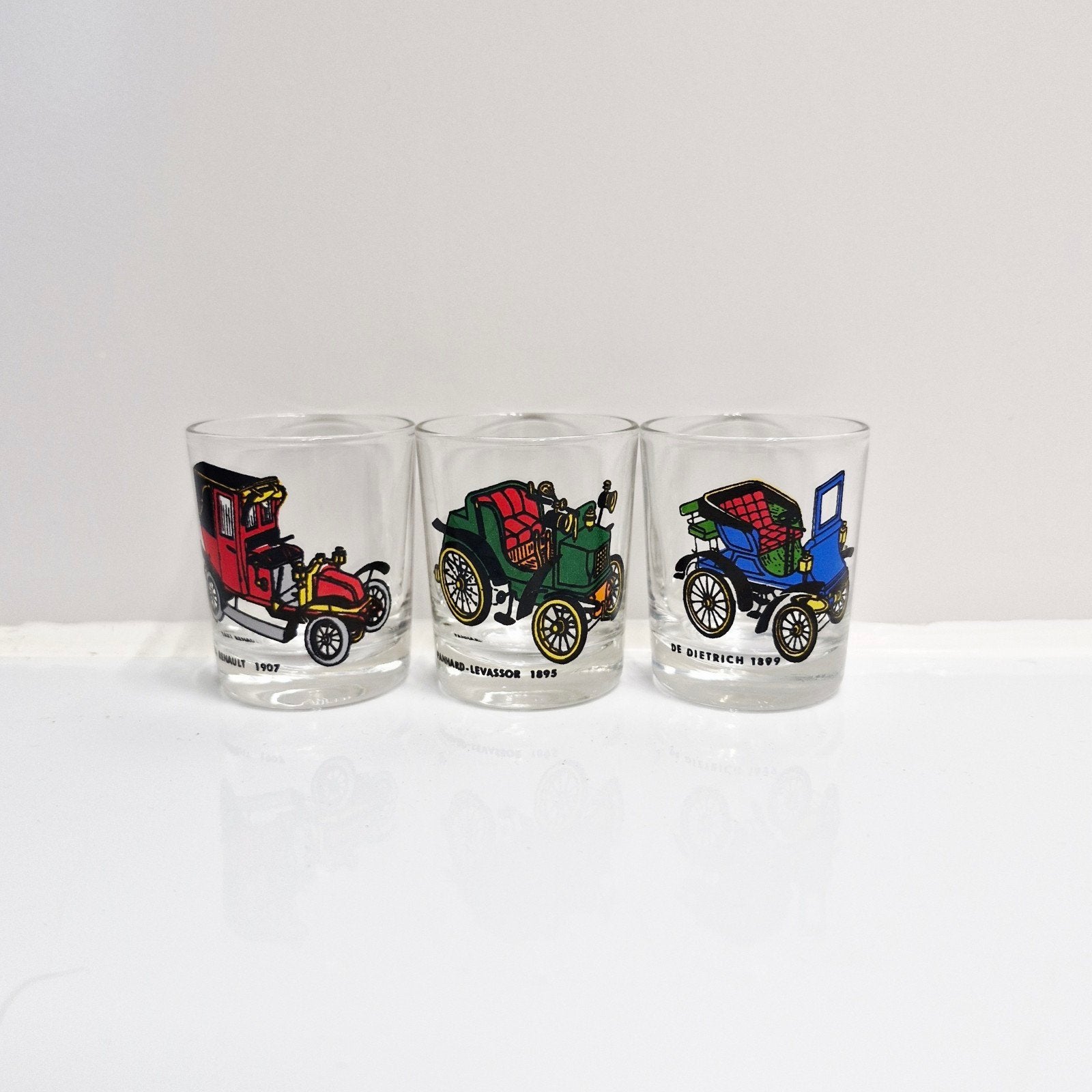 Vintage glazen set - Klassieke auto's (3 stuks), Ophalen of Verzenden, Zo goed als nieuw, Glas, Vintage
