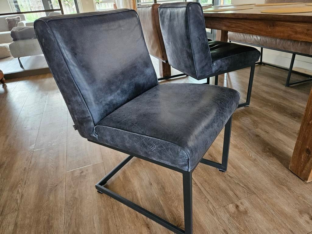 Goossens Eetkamerbank en Stoelen Buffelleer, Huis en Inrichting, Stoelen, Gebruikt, Drie, Leer, Bruin, Ophalen