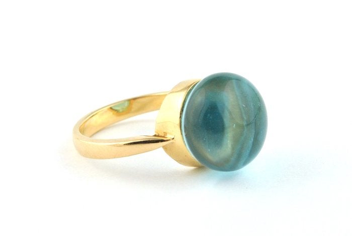 18kt gouden ring met blauwe Aquamarijn steen, Sieraden, Tassen en Uiterlijk, Ringen, Gebruikt, Ophalen of Verzenden, 17 tot 18