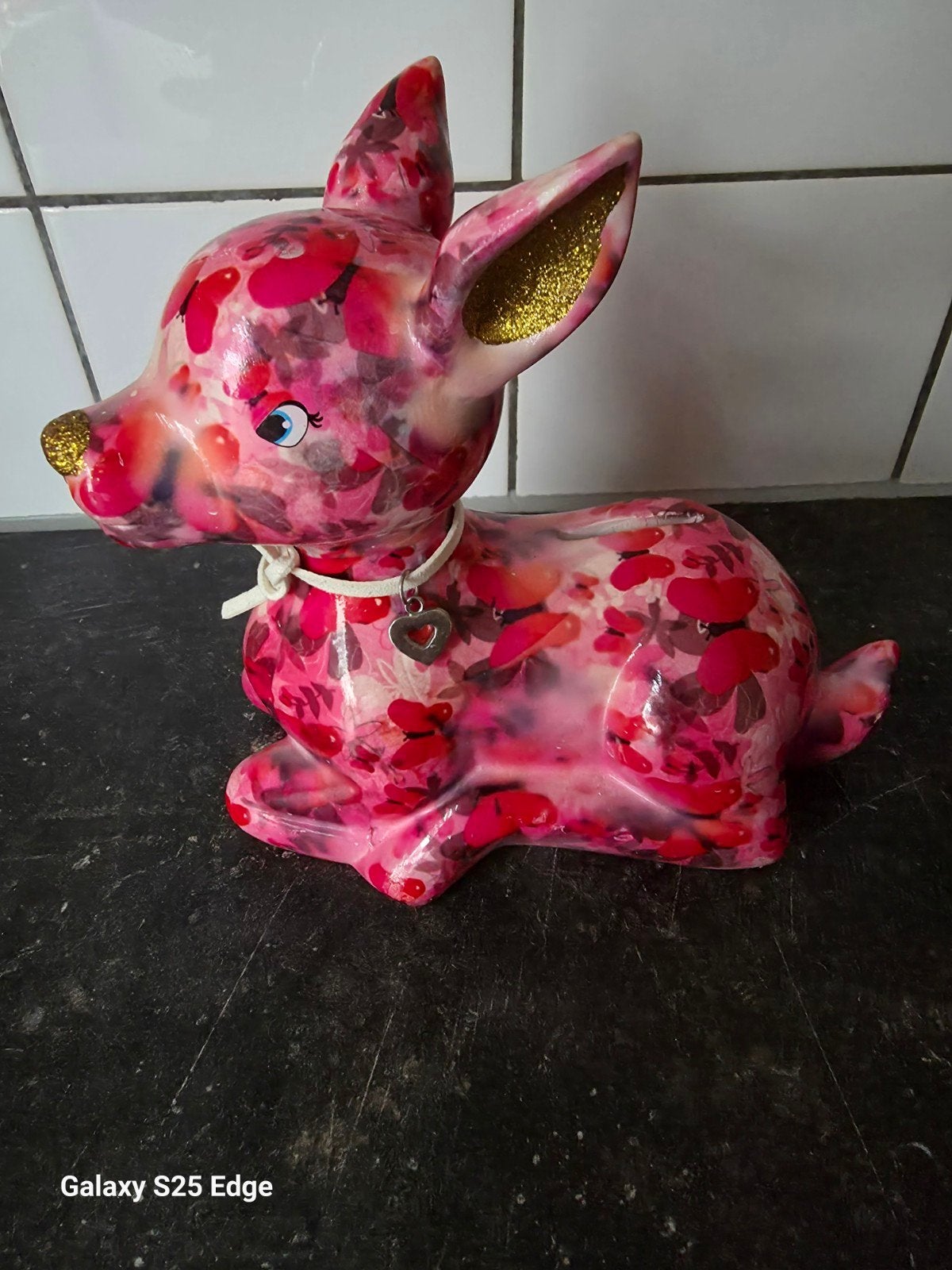 Schattig rode hertje spaarpot met bloemenprint, Gebruikt, Overige materialen, Overige stijlen, Roze