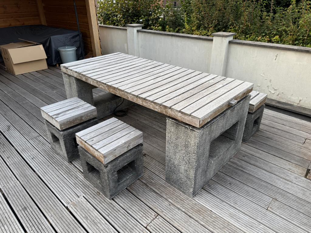 Tuinset, natuursteen met tropisch hardhout, uniek!, Ophalen, Gebruikt, Hardhout, 6 zitplaatsen