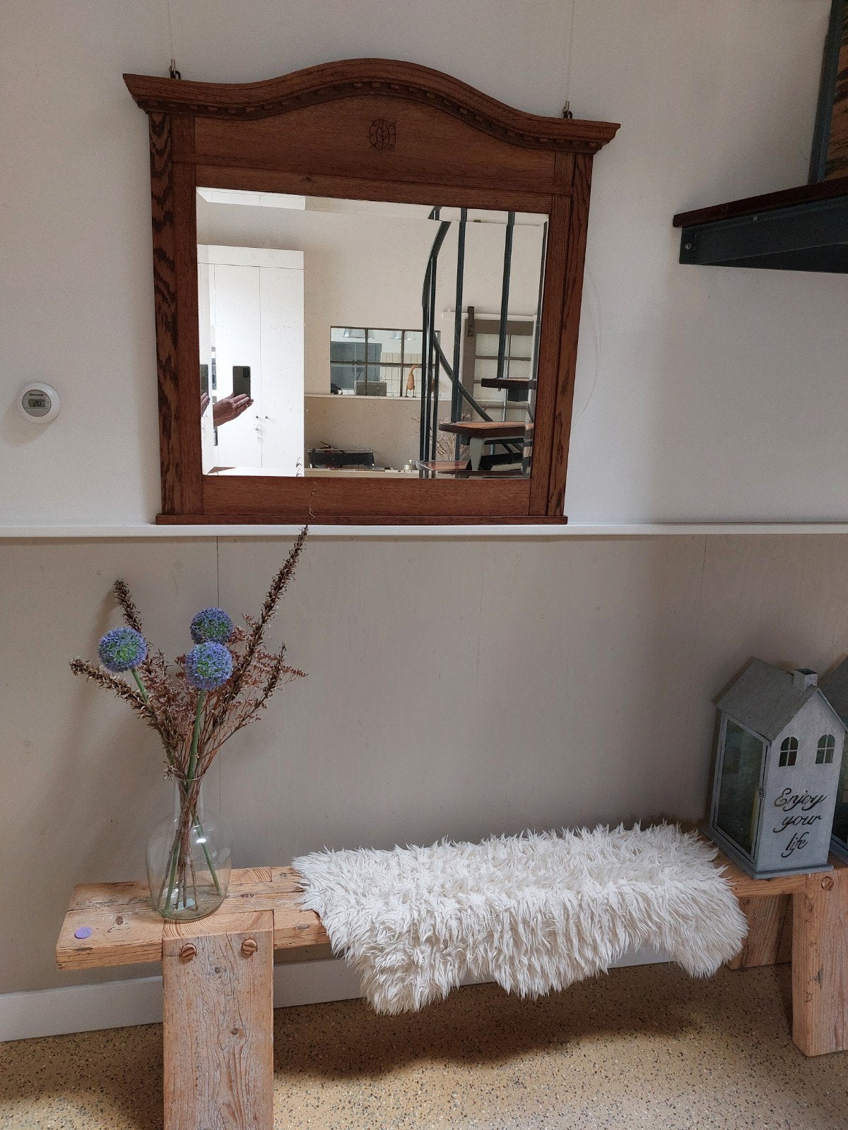 Grote oude halspiegel, eikenhout met facet glas, Ophalen, Rechthoekig, 50 tot 100 cm, 100 tot 150 cm