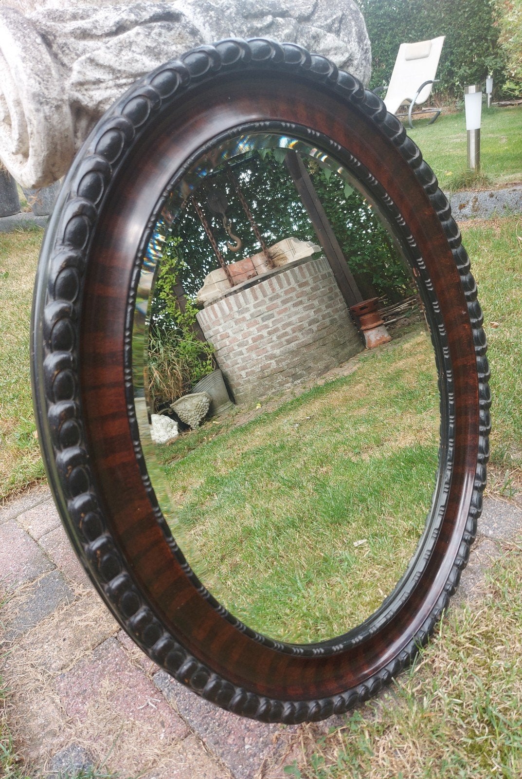 Antieke ovale spiegel geslepen rand ca 75 cm h, Ophalen, Ovaal, 50 tot 100 cm