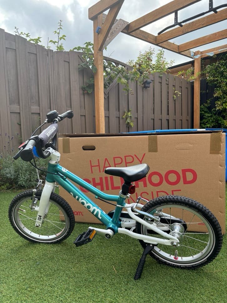 Woom GO 2 Kinderfiets met standaard, Ophalen, Gebruikt, Velgrem, Minder dan 16 inch