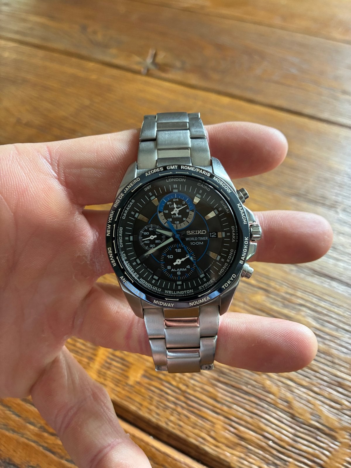 Seiko World Timer Chronograaf Herenhorloge, Seiko, Staal, Polshorloge, Ophalen of Verzenden