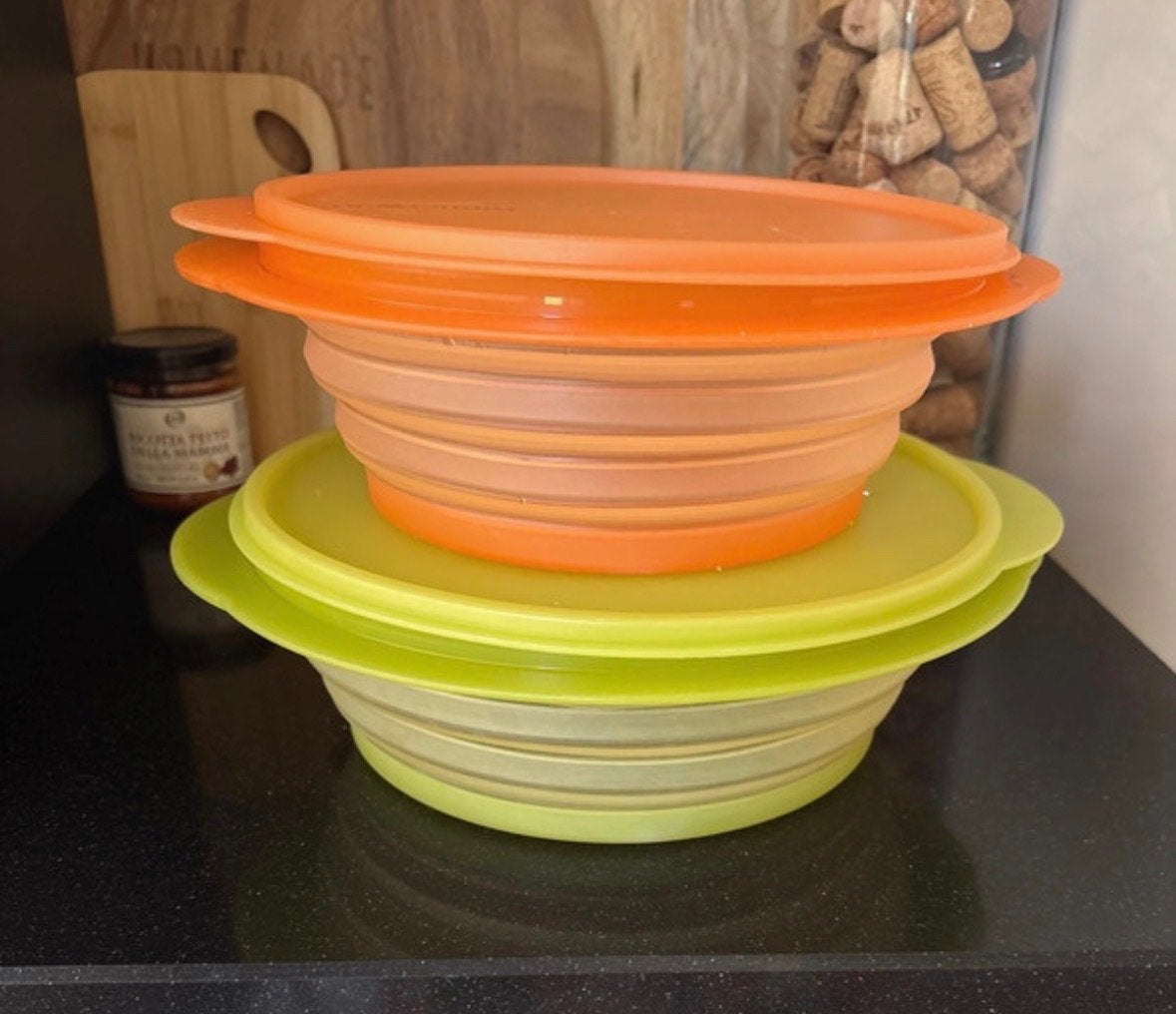 Tupperware opvouwbare bakjes - Oranje en Groen, Gebruikt, Oranje, Ophalen of Verzenden, Met deksel