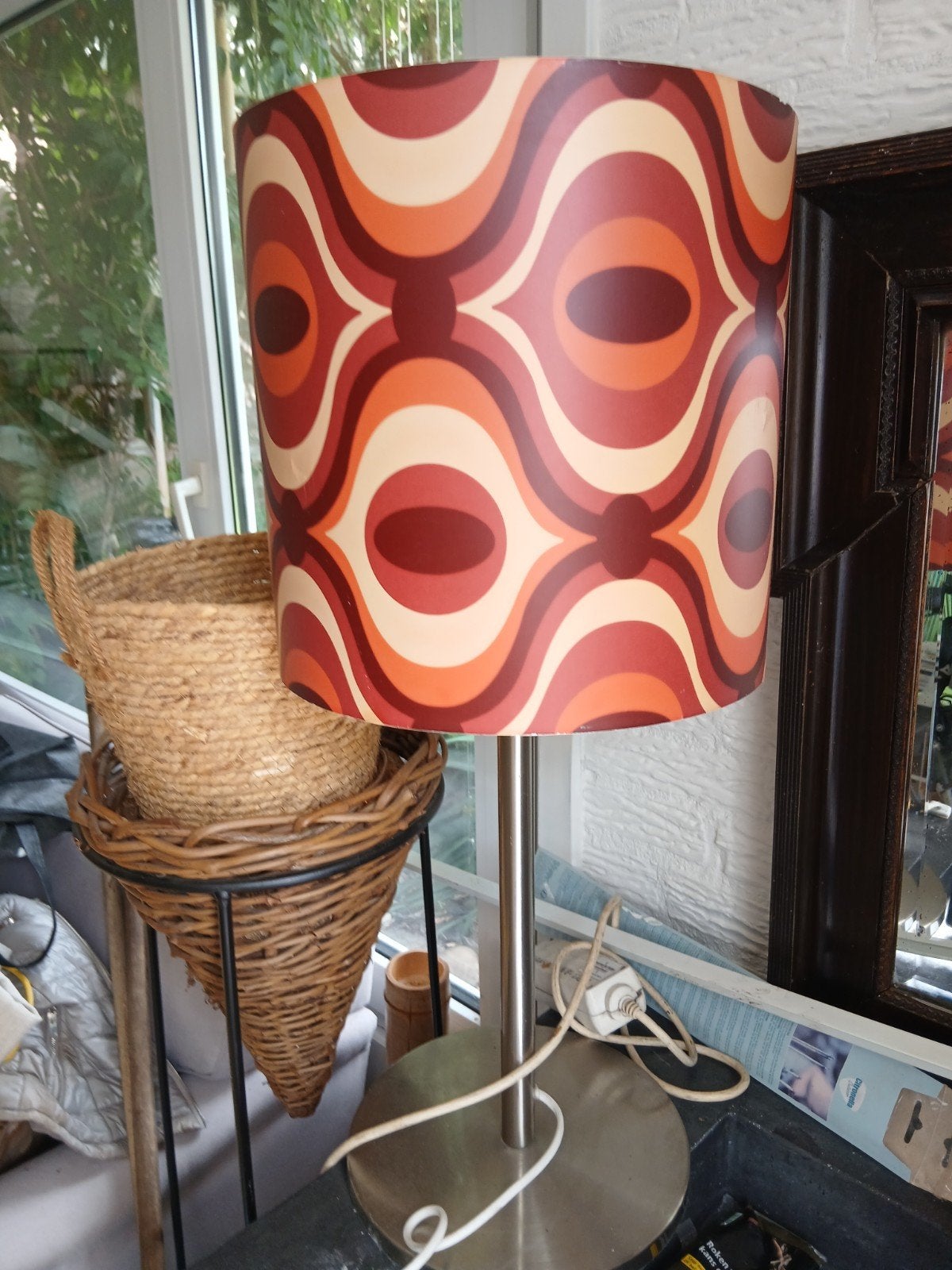 Vintage Tafellamp met Retro Print Kap - Oranje/Bruin, Gebruikt, Vintage, Meerkleurig, Met kap