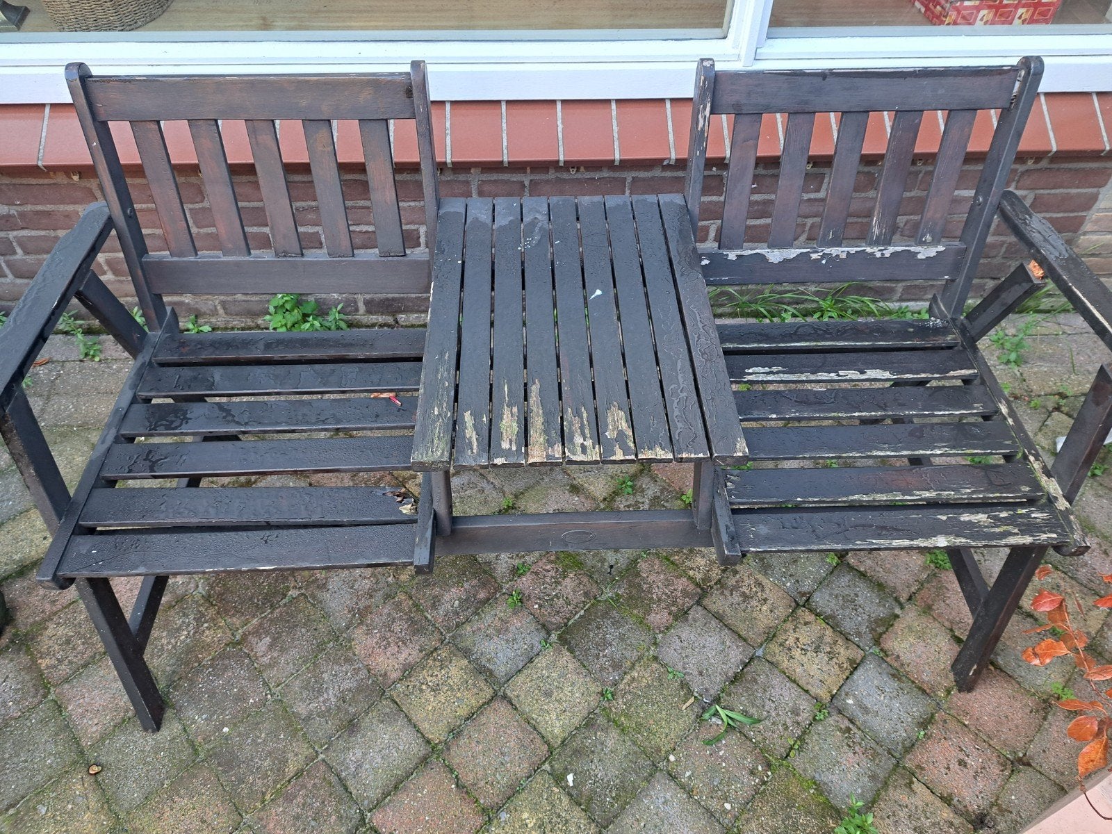 Opknap teak 2 zits bankje met midden tafel., Tuin en Terras, Ophalen of Verzenden, Gebruikt, Teakhout