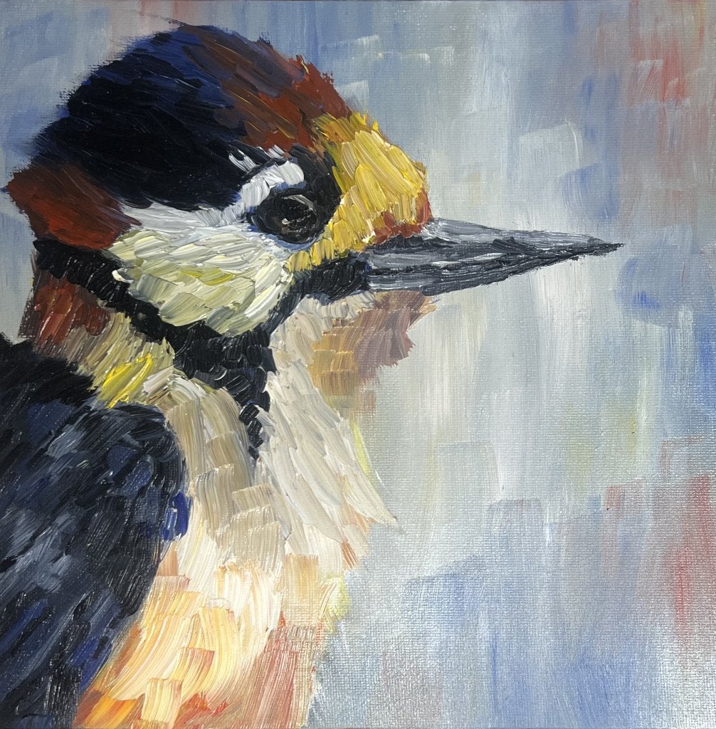 Kleurrijk olieverfschilderij van specht, Paneel, Verzenden, Expressionistisch, Dieren