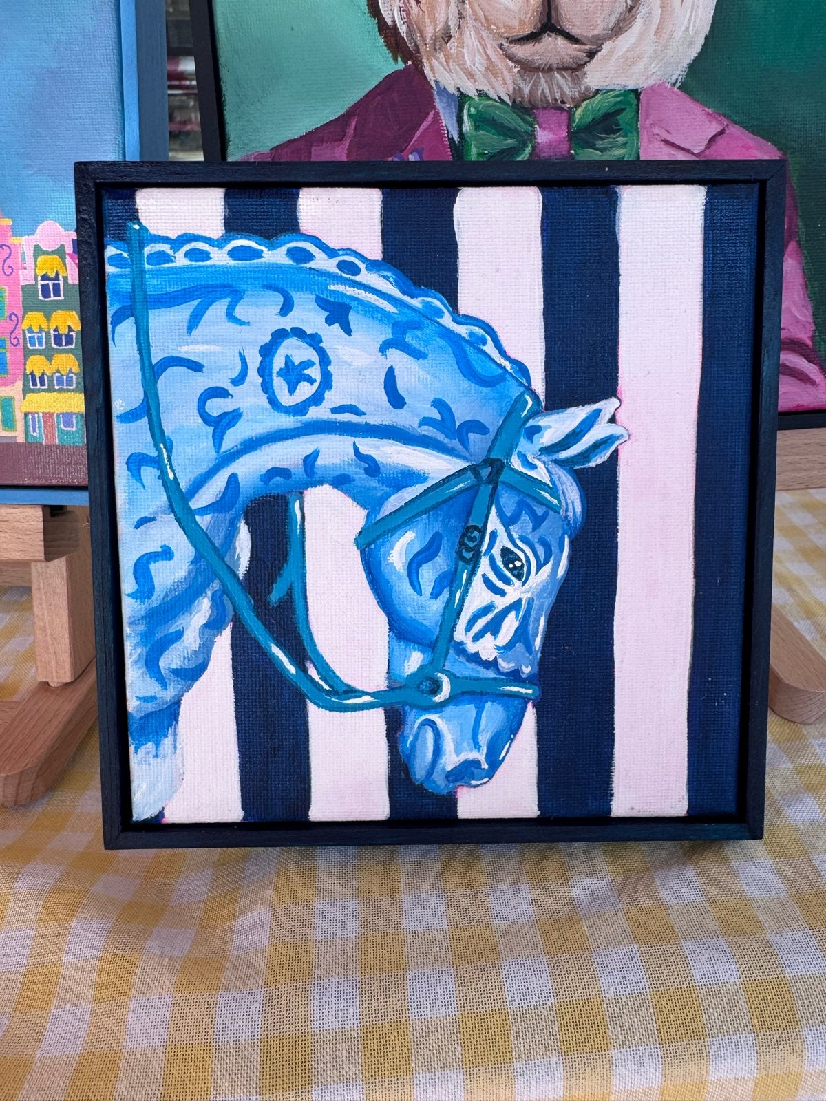 Handgeschilderd Delfts Blauw Paard Schilderij 15x15cm, Antiek en Kunst, Kunst | Schilderijen | Modern, Acrylverf, Handgeschilderd