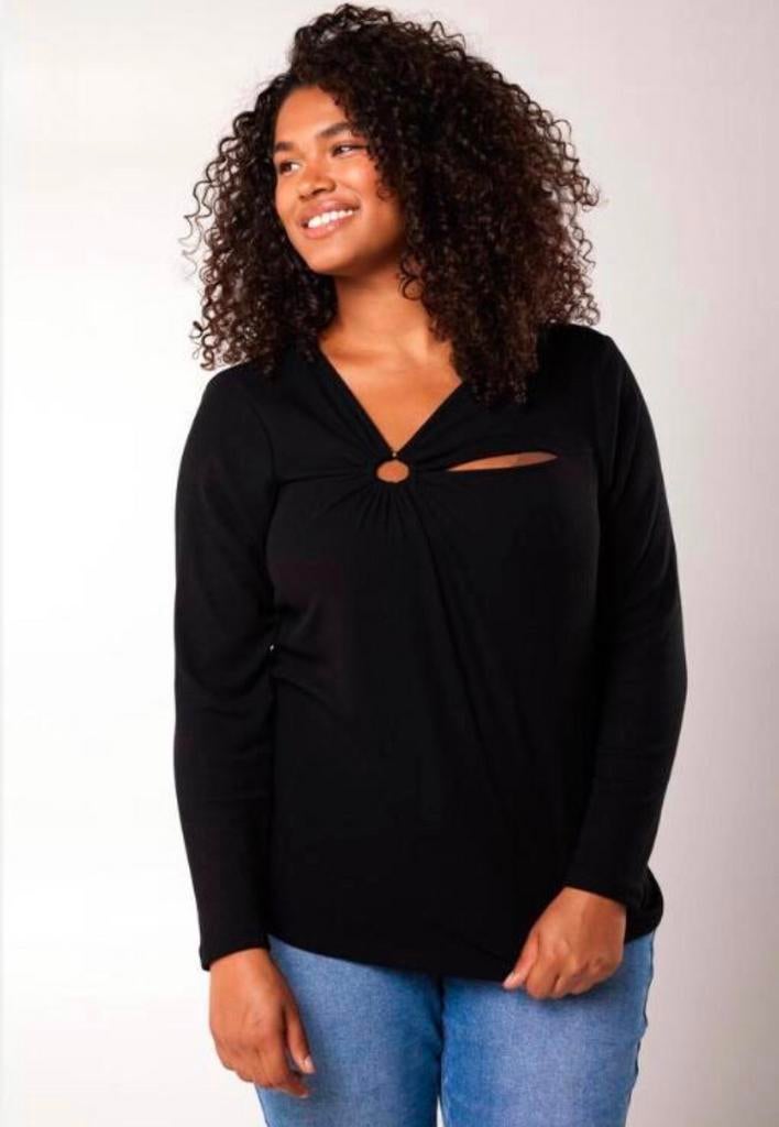 Leuke MS Mode top zwart met hals detail XL zgan rib, Kleding | Dames, Grote Maten, Verzenden, Zo goed als nieuw, Zwart, Shirt of Top