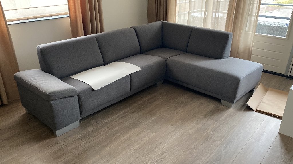 Hoekbank antraciet stof - open eind rechts - 2m60cm breed, Ophalen, 250 tot 300 cm, Gebruikt, Hoekbank