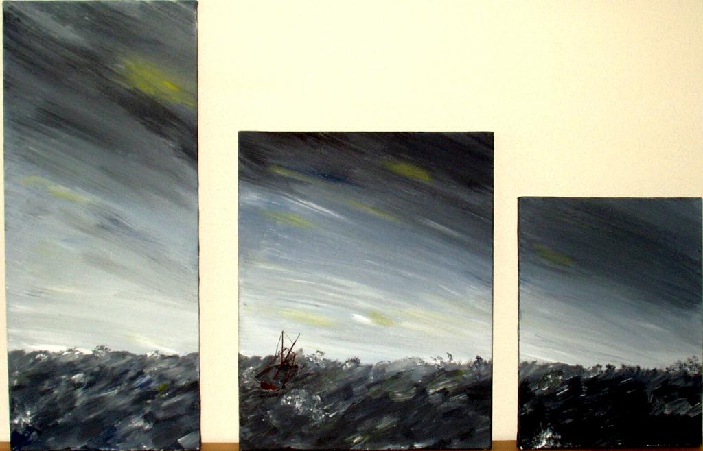 Schilderij modern 3-luik storm op zee 100 cm breed, Landschap, Acrylverf, Ophalen of Verzenden, Overige materialen