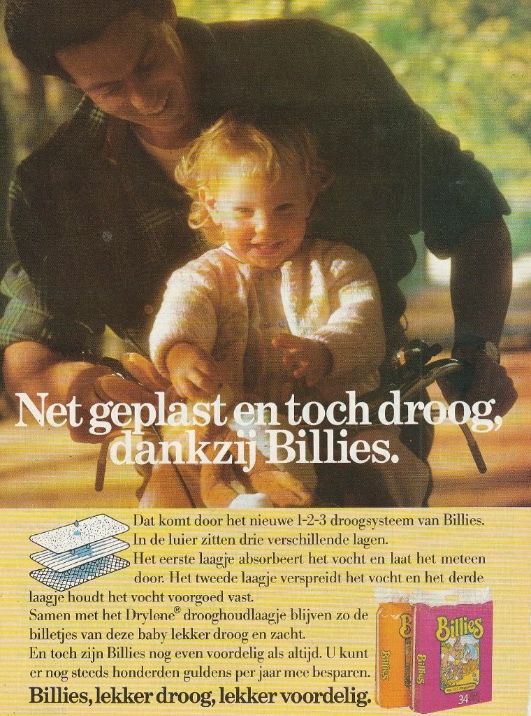 Retro reclame 1985 Billies baby luiers kindje toch droog, Verzenden, Overige typen