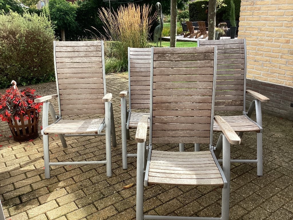 4 Jutlandia inklapbare aluminium tuinstoelen met hardhout, Ophalen, Gebruikt, Hout, Verstelbaar