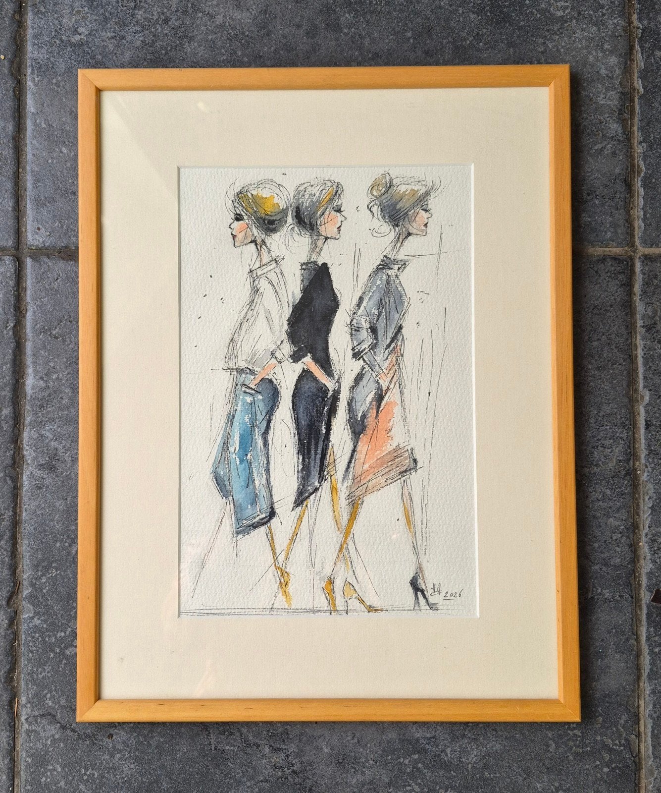 Stijlvolle Dames: Aquarel en Inkt Tekening (Gesigneerd), Ophalen of Verzenden, Tekening, Aquarel, Achter glas