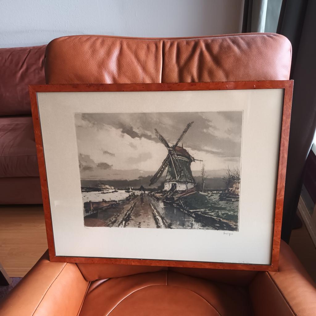 Ferdinand Luigini, ets, hollands landschap met molen, Ophalen of Verzenden