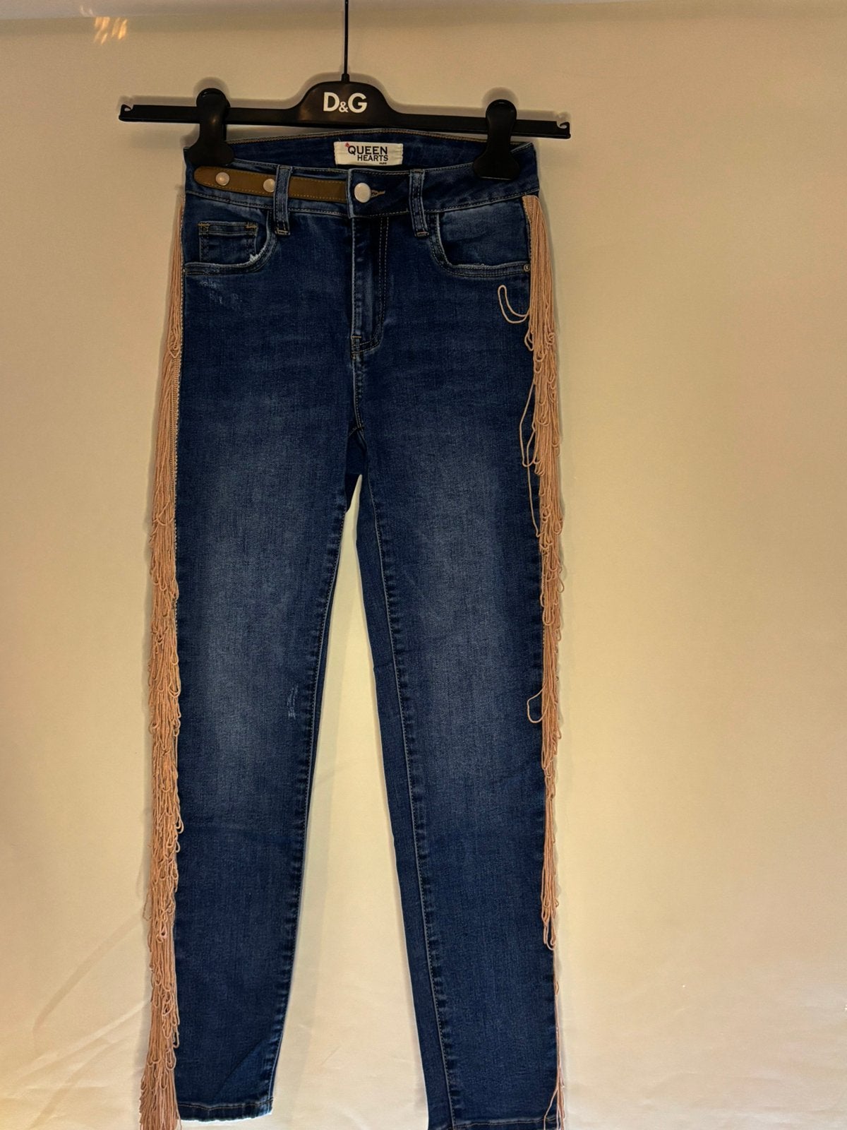 Queen hearts broek met veel strech en franjes xs  34, Blauw, ., Ophalen of Verzenden, Zo goed als nieuw