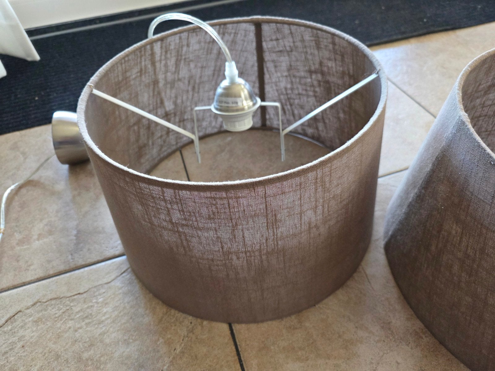 Set van 2 hanglampen met stoffen kap - Bruin, Gebruikt, Modern, Warm, Sfeervol, Metaal, E27 (groot)