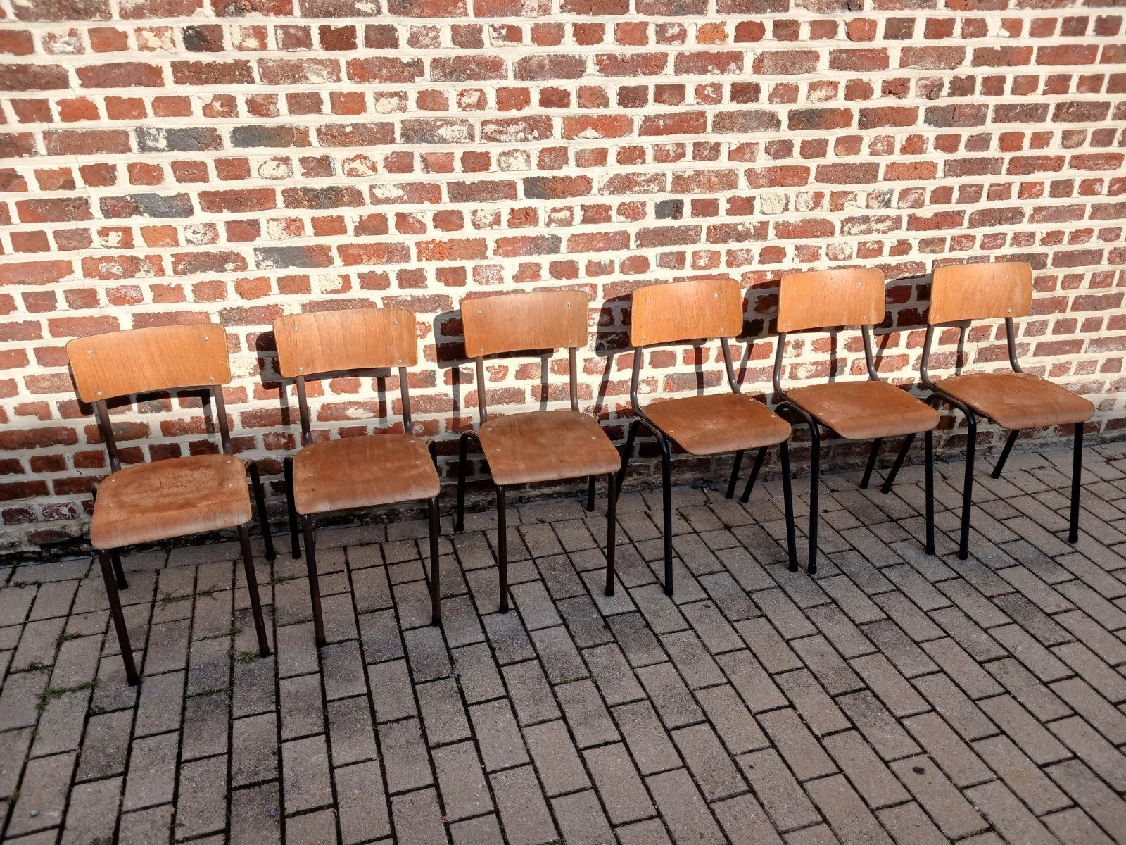 8 Vintage schoolstoelen, Ophalen of Verzenden, Gebruikt, Bruin, Metaal