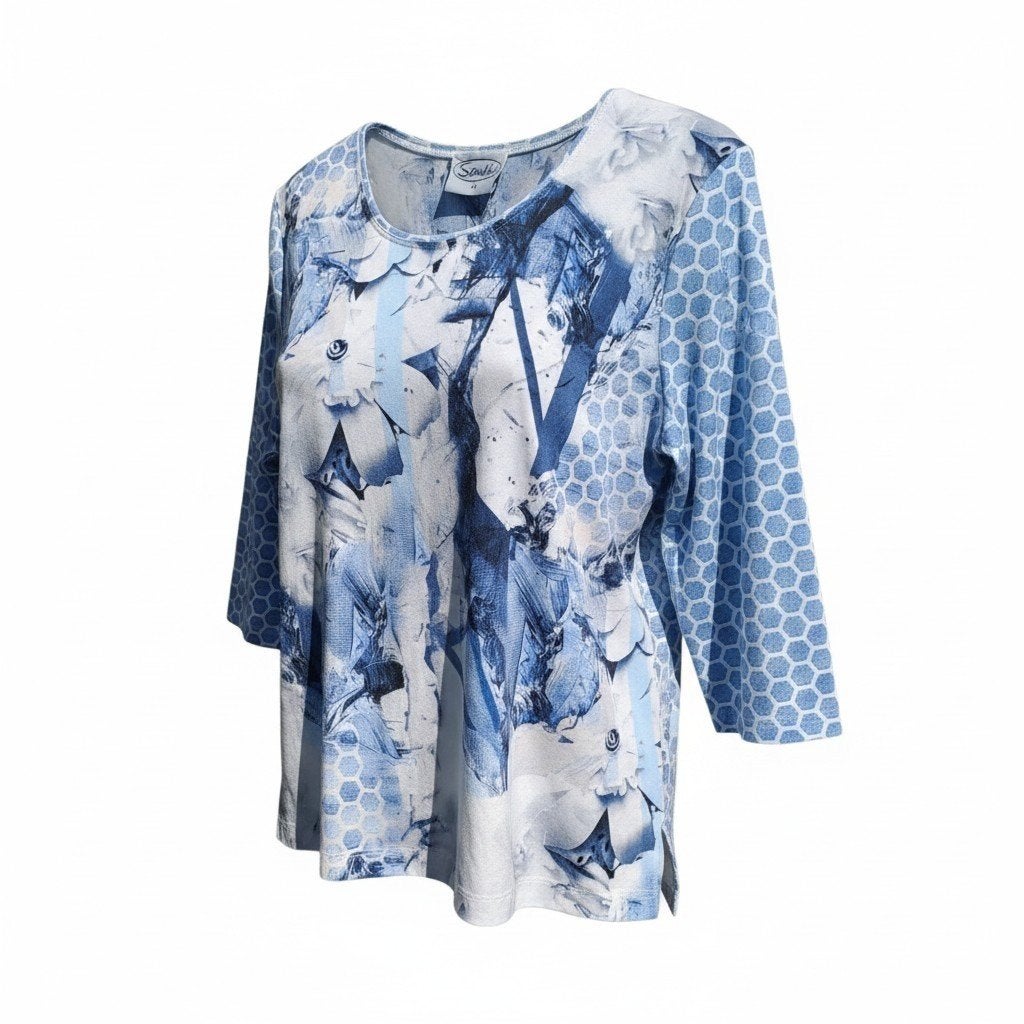 Sensia dames tuniek blauwdessin - maat 44 - 3/4 mouw, Blauw, Blouse of Tuniek, Zo goed als nieuw, Sensia