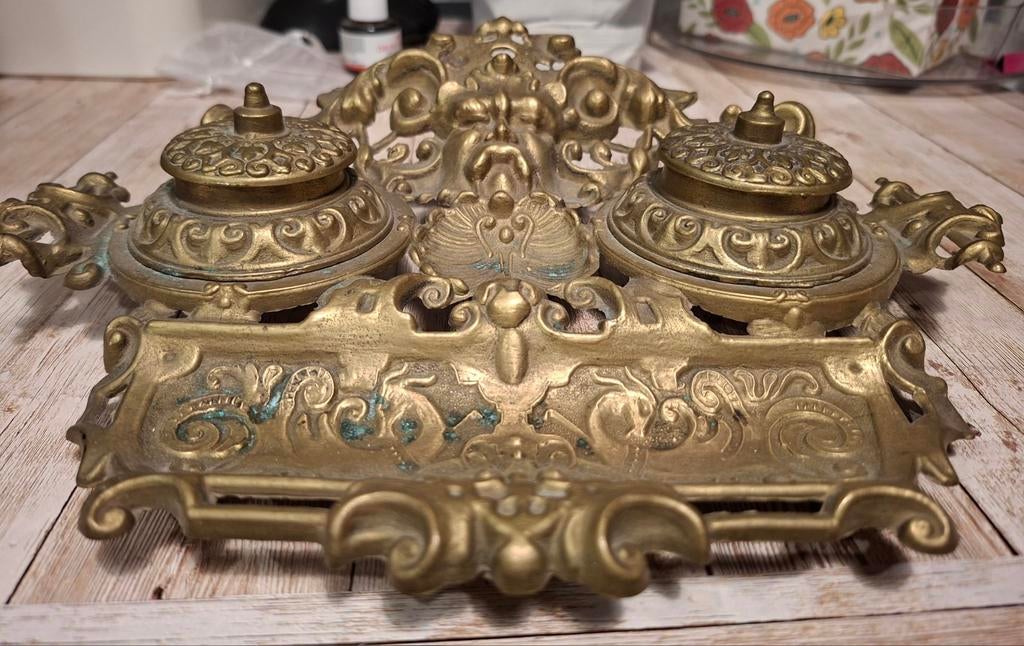 Antieke bronzen inktpot met penhouder, Ophalen of Verzenden
