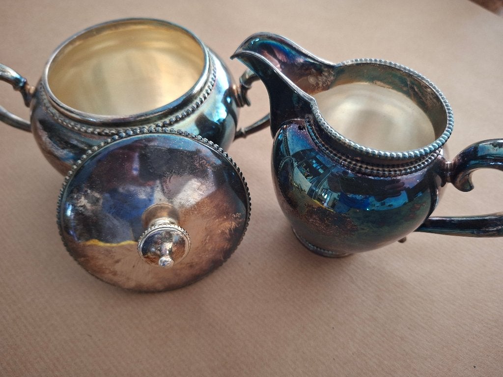 verzilverd melkkannetje en suikerpot  met deksel, Gebruikt, Overige merken, Klassiek, Overige typen