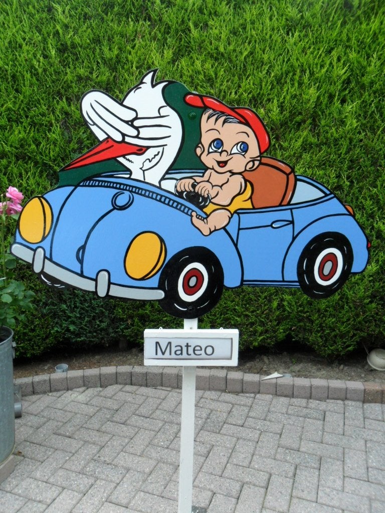 Geboortebord baby jongen of meisje in auto met ooievaar., Ophalen, Nieuw, Geboortebord