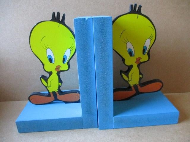 adv10555 tweety houten boekensteunen, Verzamelen, Stripfiguren, Ophalen, Looney Tunes, Gebruikt, Overige typen
