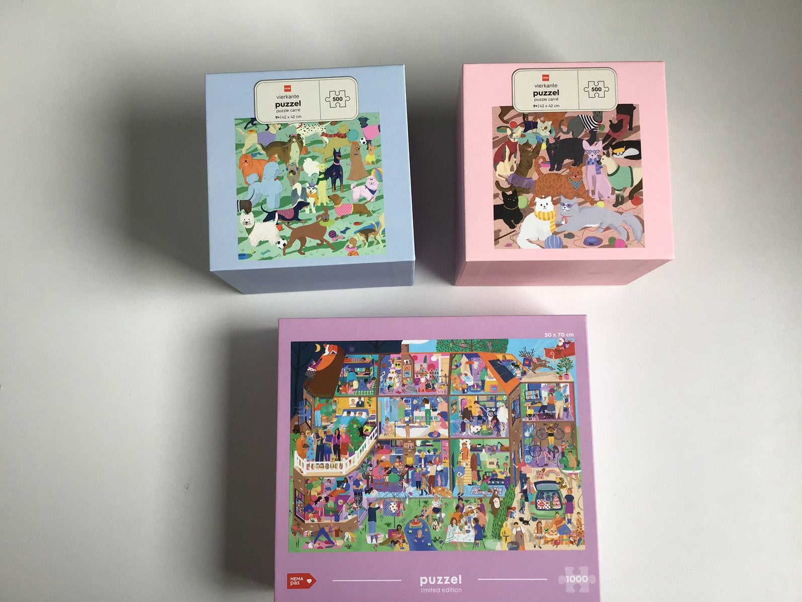 3 HEMA puzzels Katten /Honden en Feest  500 en 1000 stukjes, Ophalen of Verzenden, Zo goed als nieuw