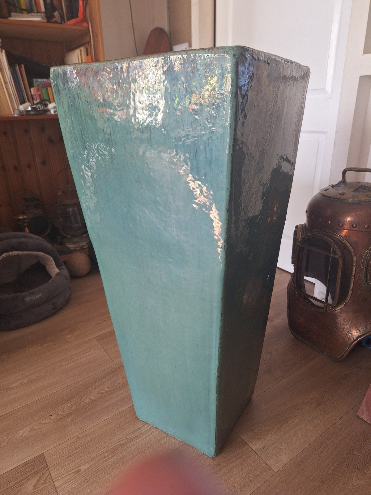 Grote vierkante bloempot, 90 cm hoog, turquoise, Gebruikt, 40 cm of meer, Vierkant, Ophalen of Verzenden