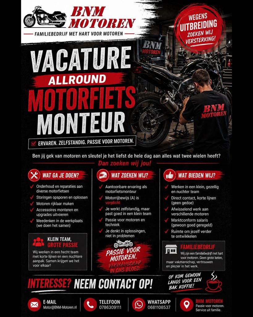 Allround motorfiets monteur gezocht!, 33 - 40 uur, Overige niveaus, Vanaf 1 jaar, Overige vormen