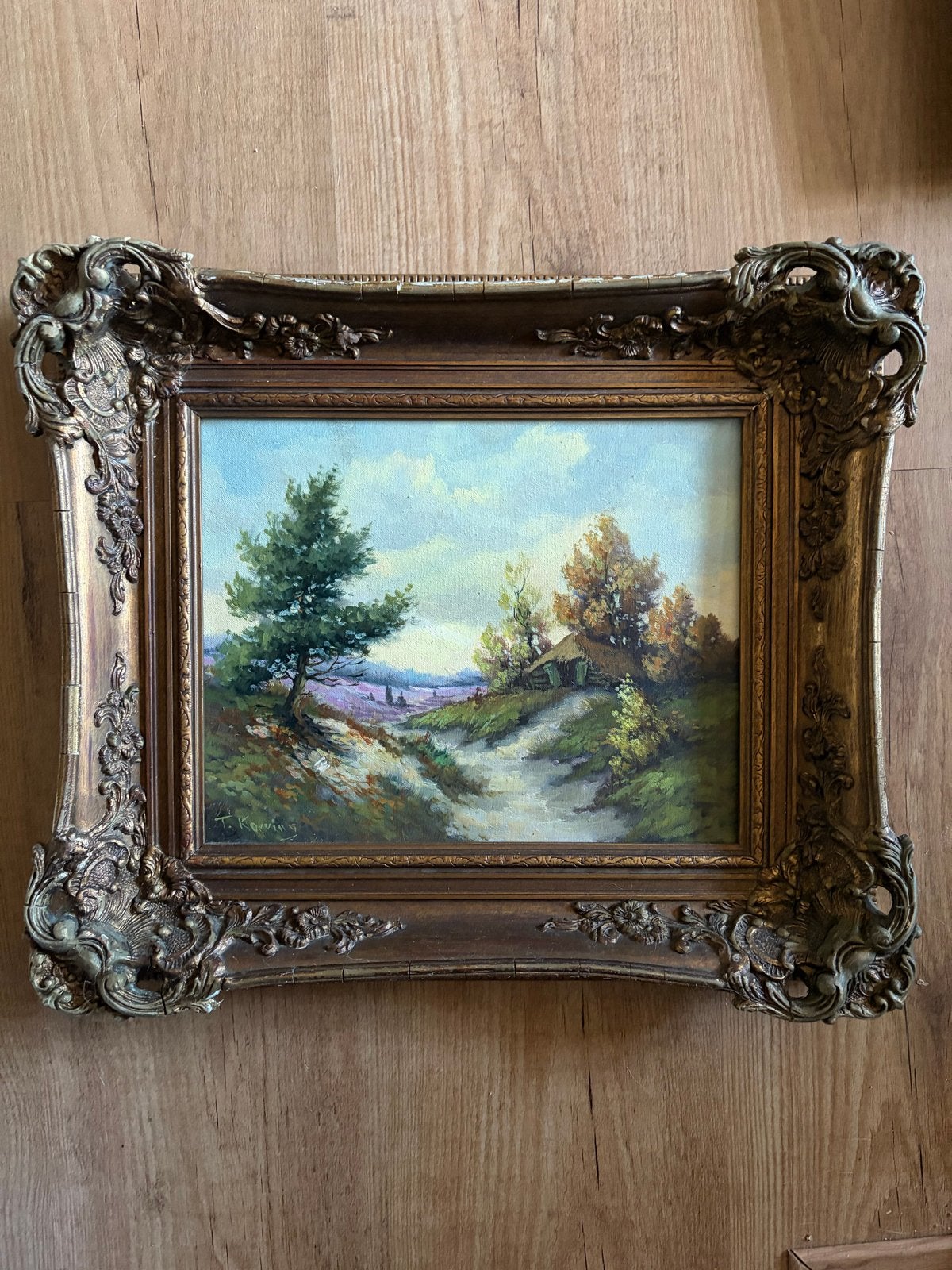 Schilderij Heide Landschap met Gouden Barok Lijst, Antiek en Kunst, Doek, Ophalen of Verzenden, Gesigneerd, Landschap