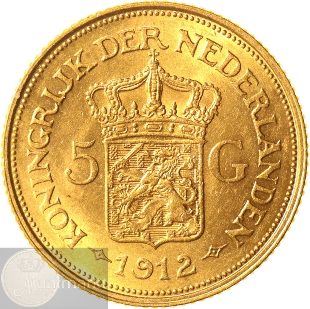 Nederland - 5 gulden 1912 Wilhelmina - GOUD, 5 gulden, Koningin Wilhelmina, Losse munt, Goud