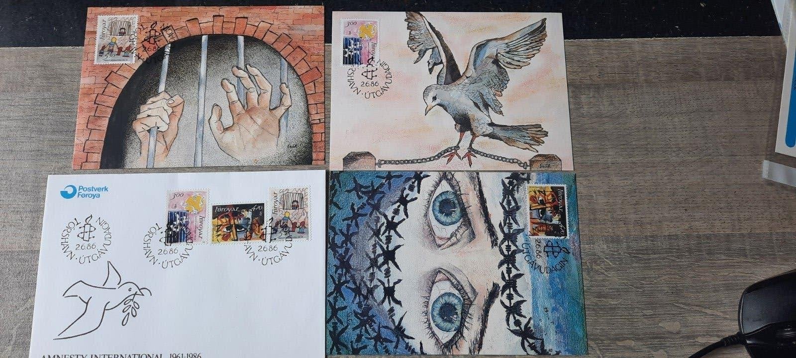 FDC's Faeröer Eilanden Amnesty International 1986, Postzegels en Munten, Ophalen of Verzenden, Denemarken