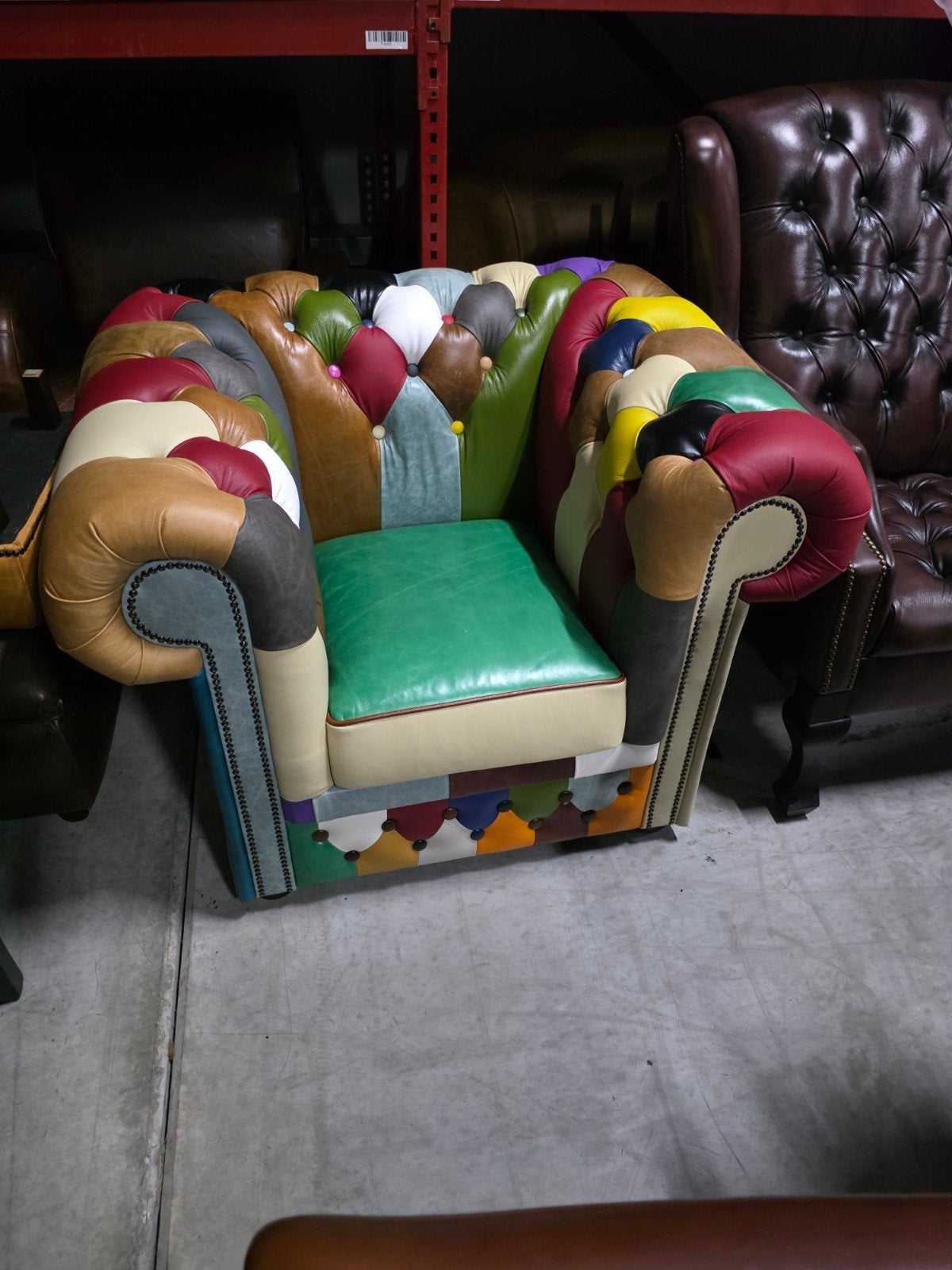 Unieke Patchwork Chesterfield Fauteuil - Kleurrijk Design