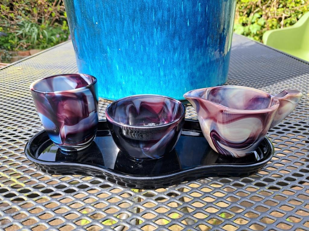 Marmorite persglas set uit Leerdam, nieuwstaat, Antiek en Kunst, Antiek | Glas en Kristal, Ophalen