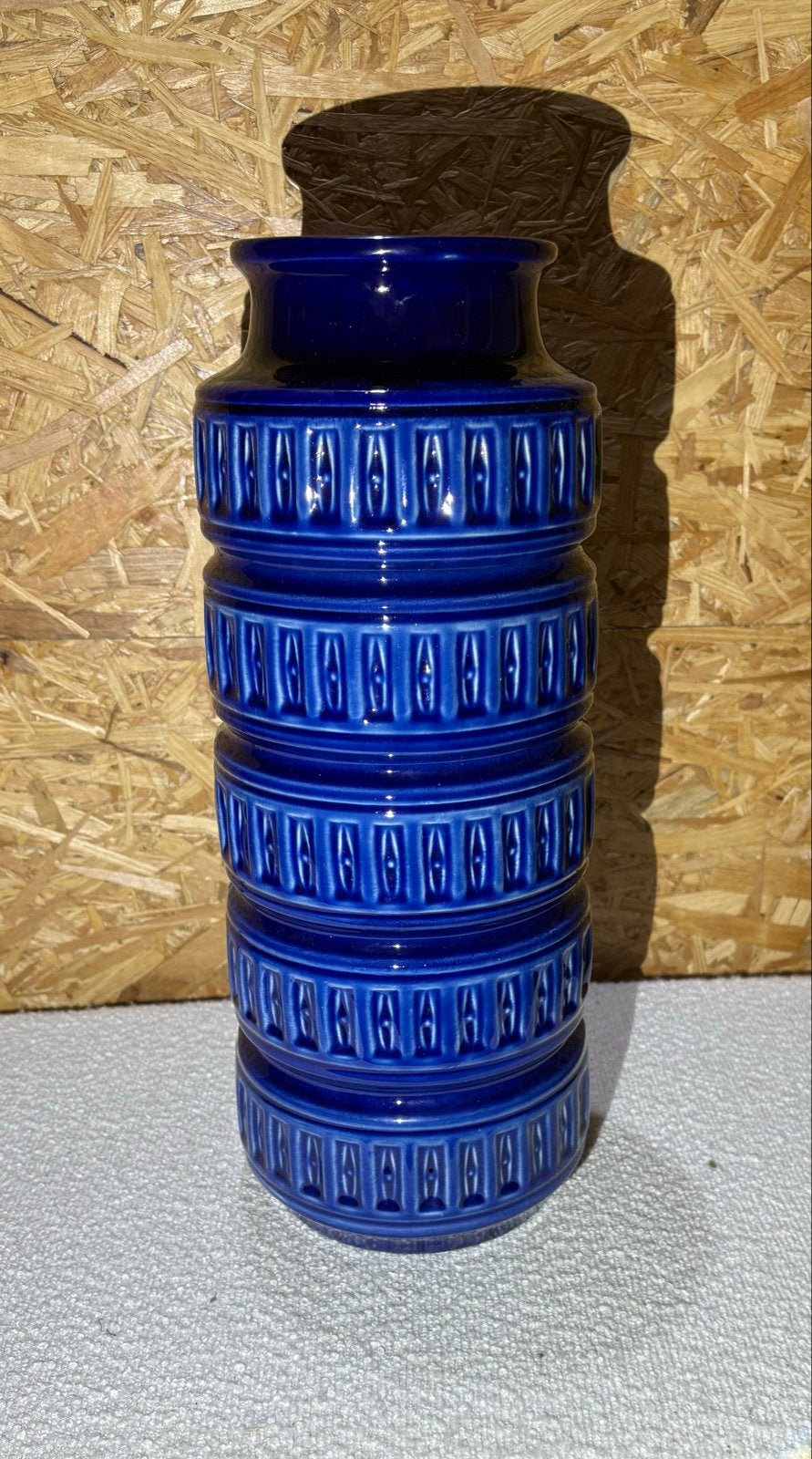 Vintage Scheurich Vaas Kobaltblauw met Geometrisch Reliëf, Ophalen