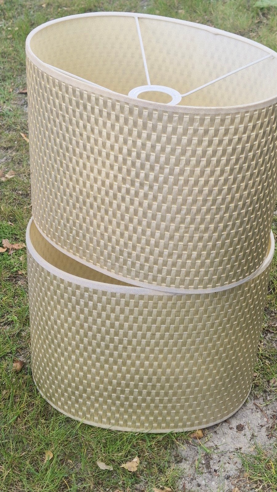 Set van 2 ovale lampenkappen, goudkleurig, geweven textiel, Huis en Inrichting, Ophalen, Gebruikt, Overige typen, Textiel